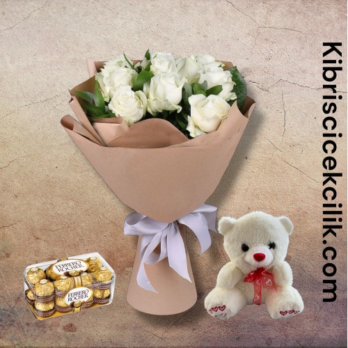 11 Beyaz Gül Buketi Ayıcık 16'lı Ferrero Çikolata