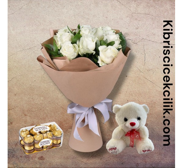 11 Beyaz Gül Buketi Ayıcık 16'lı Ferrero Çikolata 11 Beyaz Gül Buketi Ayıcık 16'lı Ferrero Çikolata