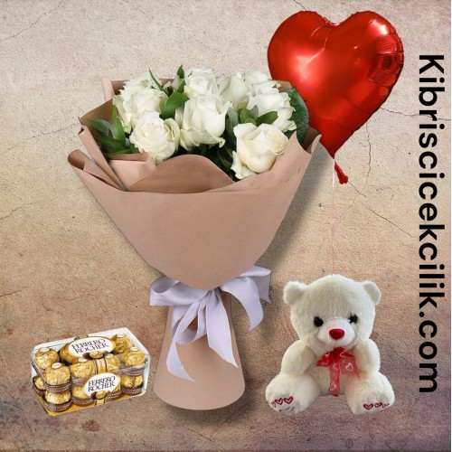 11 Beyaz Gül Buketi Ayıcık 16'lı Ferrero Çikolata Kalp Helyum Balon