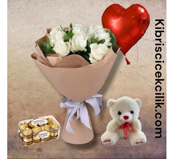 11 Beyaz Gül Buketi Ayıcık 16'lı Ferrero Çikolata Kalp Helyum Balon 11 Beyaz Gül Buketi Ayıcık 16'lı Ferrero Çikolata Kalp Helyum Balon