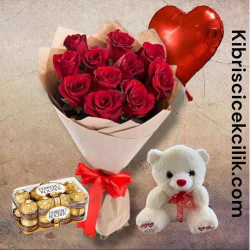 11 Kırmızı Gül Buketi 16'lı Ferrero Çikolata Ayıcık Kalp Helyum Balon