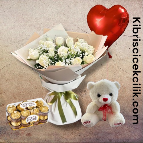15 Beyaz Gül Buketi Ayıcık 16'lı Ferrero Çikolata Kalp Helyum Balon