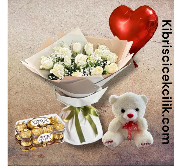15 Beyaz Gül Buketi Ayıcık 16'lı Ferrero Çikolata Kalp Helyum Balon 15 Beyaz Gül Buketi Ayıcık 16'lı Ferrero Çikolata Kalp Helyum Balon