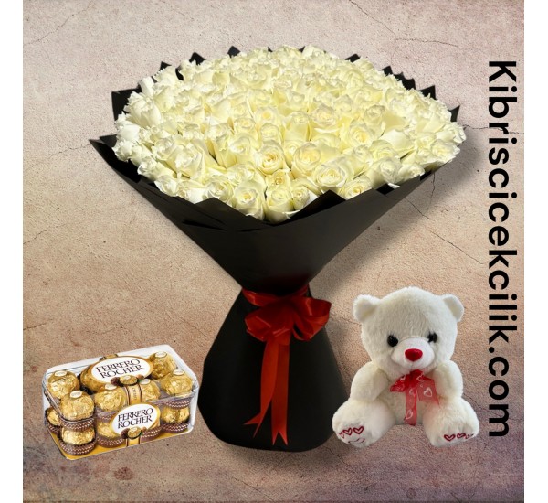 151 Beyaz Gül Buketi Ayıcık 16'lı Ferrero Çikolata 151 Beyaz Gül Buketi Ayıcık 16'lı Ferrero Çikolata
