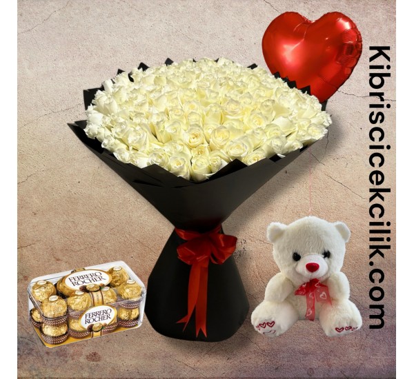 151 Beyaz Gül Buketi Ayıcık 16'lı Ferrero Çikolata Kalp Helyum Balon