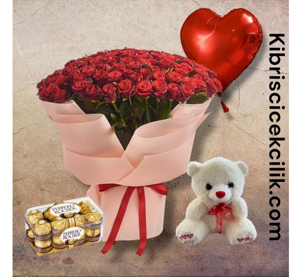 151 Kırmızı Gül Buketi 16'lı Ferrero Çikolata Ayıcık Kalp Helyum Balon 151 Kırmızı Gül Buketi 16'lı Ferrero Çikolata Ayıcık Kalp Helyum Balon