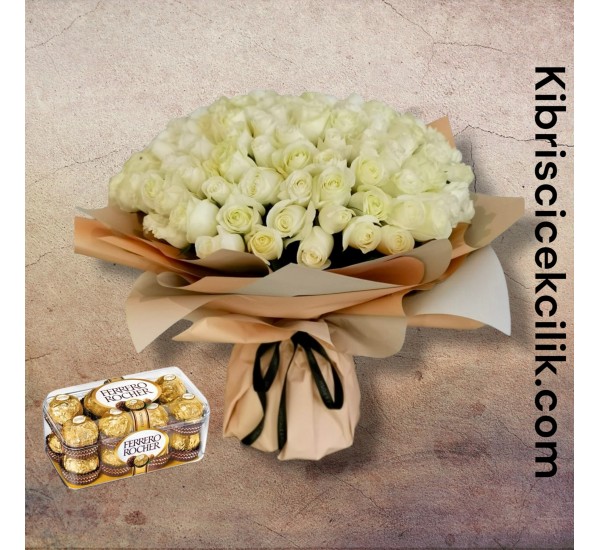 201 Beyaz Gül Buketi 16'lı Ferrero Çikolata