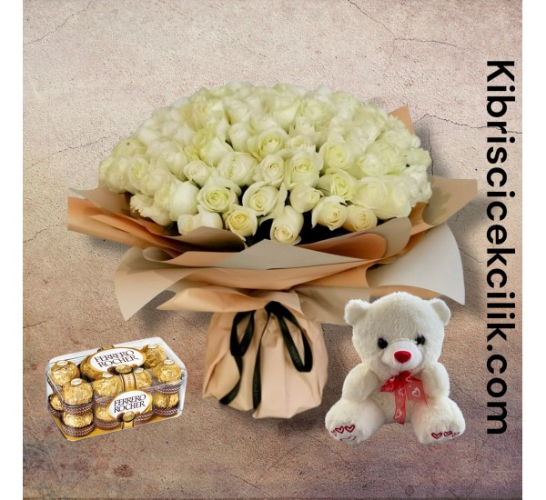 201 Beyaz Gül Buketi Ayıcık 16'lı Ferrero Çikolata