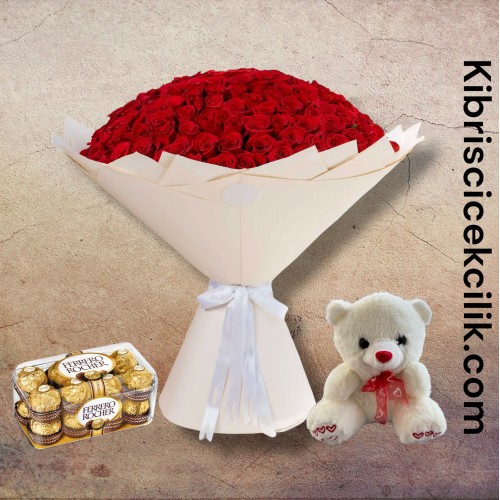 201 Kırmızı Gül Buketi 16'lı Ferrero Çikolata ve Ayıcık 201 Kırmızı Gül Buketi 16'lı Ferrero Çikolata ve Ayıcık