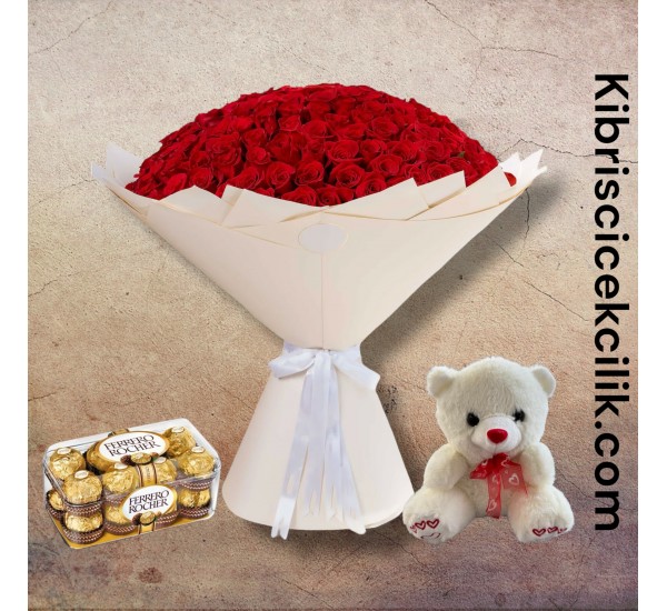 201 Kırmızı Gül Buketi 16'lı Ferrero Çikolata ve Ayıcık