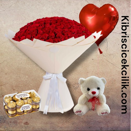 201 Kırmızı Gül Buketi 16'lı Ferrero Çikolata Ayıcık Kalp Helyum Balon 201 Kırmızı Gül Buketi 16'lı Ferrero Çikolata Ayıcık Kalp Helyum Balon