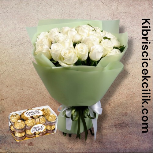 25 Beyaz Gül Buketi 16'lı Ferrero Çikolata