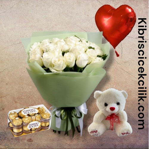 25 Beyaz Gül Buketi Ayıcık 16'lı Ferrero Çikolata Kalp Helyum Balon 25 Beyaz Gül Buketi Ayıcık 16'lı Ferrero Çikolata Kalp Helyum Balon
