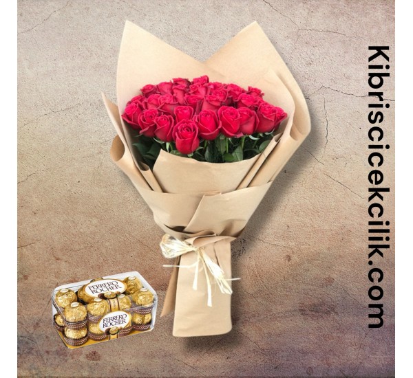 25 Kırmızı Gül Buketi 16'lı Ferrero Çikolata
