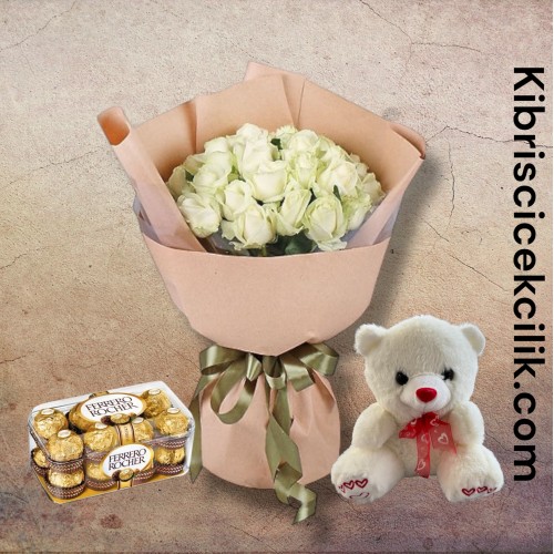 27 Beyaz Gül Buketi Ayıcık 16'lı Ferrero Çikolata 27 Beyaz Gül Buketi Ayıcık 16'lı Ferrero Çikolata