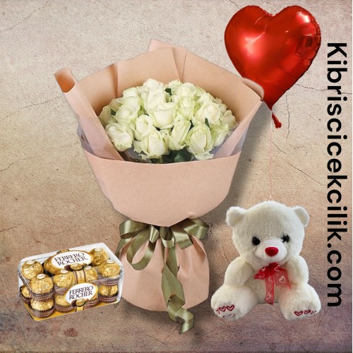 27 Beyaz Gül Buketi Ayıcık 16'lı Ferrero Çikolata Kalp Helyum Balon 27 Beyaz Gül Buketi Ayıcık 16'lı Ferrero Çikolata Kalp Helyum Balon