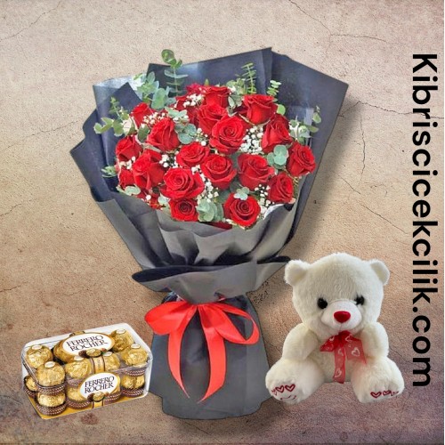 27 Kırmızı Gül Buketi 16'lı Ferrero Çikolata ve Ayıcık 27 Kırmızı Gül Buketi 16'lı Ferrero Çikolata ve Ayıcık
