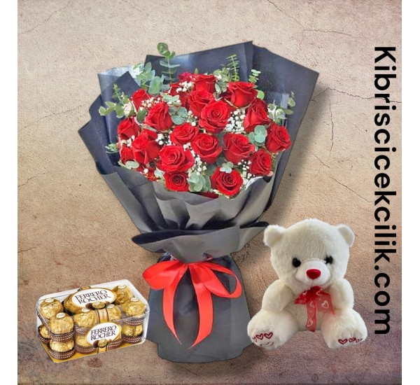 27 Kırmızı Gül Buketi 16'lı Ferrero Çikolata ve Ayıcık 27 Kırmızı Gül Buketi 16'lı Ferrero Çikolata ve Ayıcık