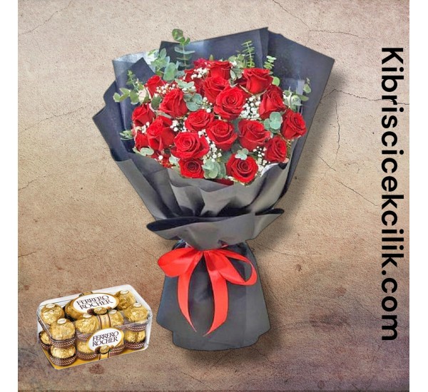 27 Kırmızı Gül Buketi 16'lı Ferrero Çikolata