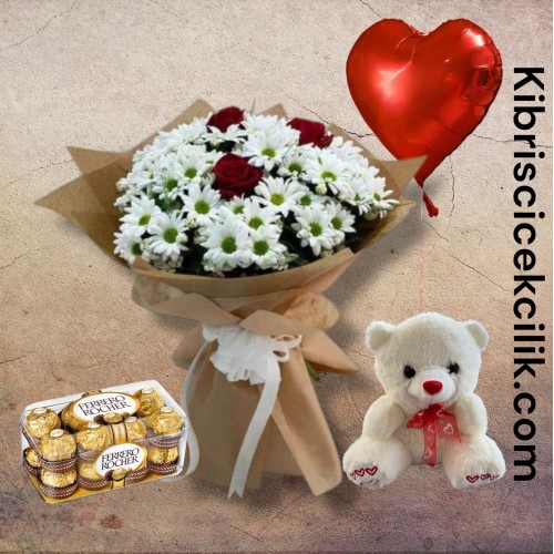 3 Güllü Papatya Buketi Ayıcık 16'lı Ferrero Çikolata Kalp Helyum Balon