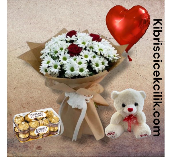 3 Güllü Papatya Buketi Ayıcık 16'lı Ferrero Çikolata Kalp Helyum Balon 3 Güllü Papatya Buketi Ayıcık 16'lı Ferrero Çikolata Kalp Helyum Balon