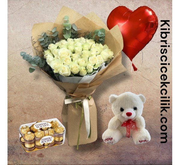 30 Beyaz Gül Buketi Ayıcık 16'lı Ferrero Çikolata Kalp Helyum Balon 30 Beyaz Gül Buketi Ayıcık 16'lı Ferrero Çikolata Kalp Helyum Balon