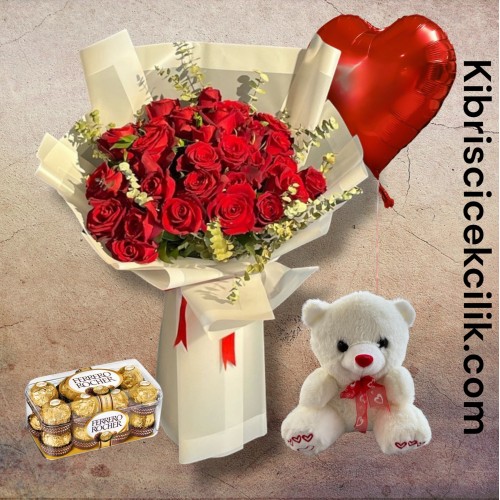 30 Kırmızı Gül Buketi 16'lı Ferrero Çikolata Ayıcık Kalp Helyum Balon