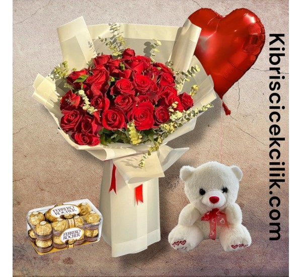 30 Kırmızı Gül Buketi 16'lı Ferrero Çikolata Ayıcık Kalp Helyum Balon 30 Kırmızı Gül Buketi 16'lı Ferrero Çikolata Ayıcık Kalp Helyum Balon