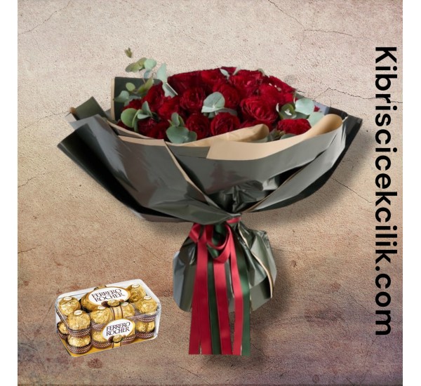 33 Kırmızı Gül Buketi 16'lı Ferrero Çikolata