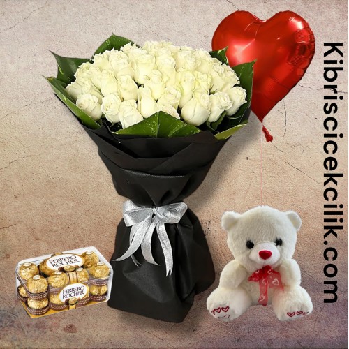 35 Beyaz Gül Buketi Ayıcık 16'lı Ferrero Çikolata Kalp Helyum Balon