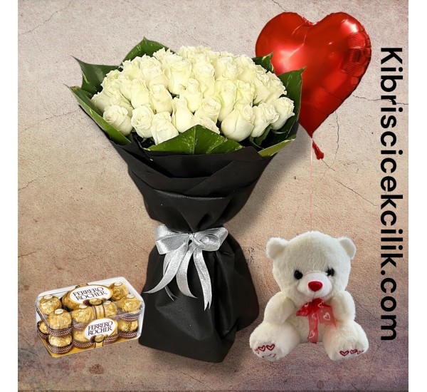 35 Beyaz Gül Buketi Ayıcık 16'lı Ferrero Çikolata Kalp Helyum Balon 35 Beyaz Gül Buketi Ayıcık 16'lı Ferrero Çikolata Kalp Helyum Balon