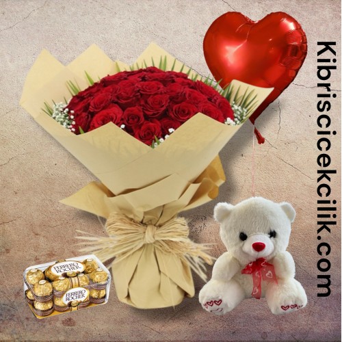 39 Kırmızı Gül Buketi 16'lı Ferrero Çikolata Ayıcık Kalp Helyum Balon