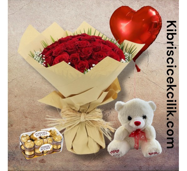 39 Kırmızı Gül Buketi 16'lı Ferrero Çikolata Ayıcık Kalp Helyum Balon 39 Kırmızı Gül Buketi 16'lı Ferrero Çikolata Ayıcık Kalp Helyum Balon