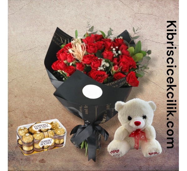 42 Kırmızı Gül Buketi 16'lı Ferrero Çikolata ve Ayıcık 42 Kırmızı Gül Buketi 16'lı Ferrero Çikolata ve Ayıcık
