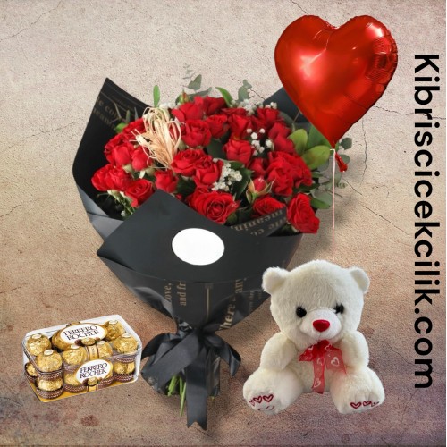 42 Kırmızı Gül Buketi 16'lı Ferrero Çikolata Ayıcık Kalp Helyum Balon