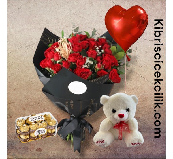 42 Kırmızı Gül Buketi 16'lı Ferrero Çikolata Ayıcık Kalp Helyum Balon 42 Kırmızı Gül Buketi 16'lı Ferrero Çikolata Ayıcık Kalp Helyum Balon