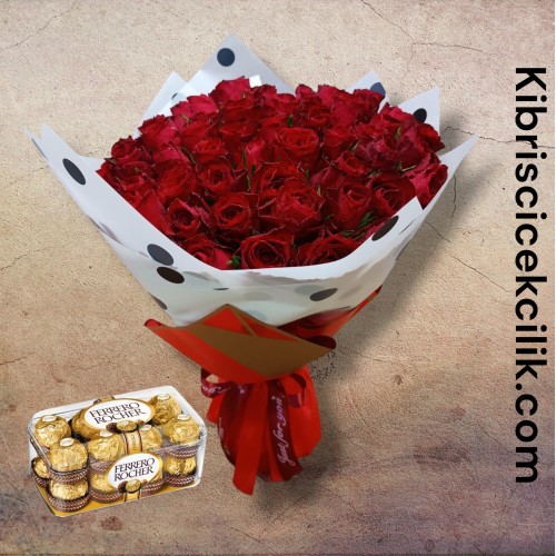 45 Kırmızı Gül Buketi 16'lı Ferrero Çikolata
