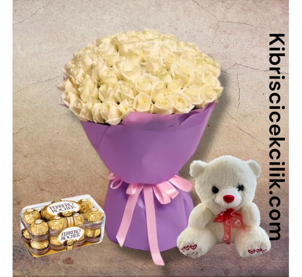 71 Beyaz Gül Buketi Ayıcık 16'lı Ferrero Çikolata 71 Beyaz Gül Buketi Ayıcık 16'lı Ferrero Çikolata
