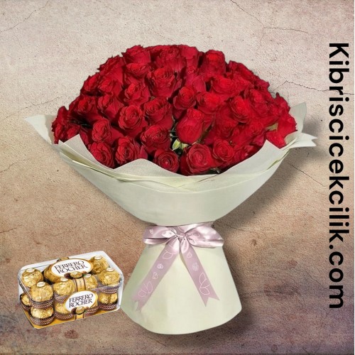 71 Kırmızı Gül Buketi 16'lı Ferrero Çikolata