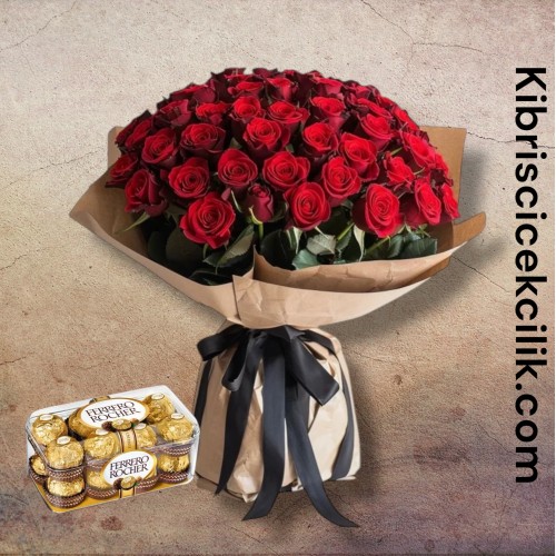 81 Kırmızı Gül Buketi 16'lı Ferrero Çikolata