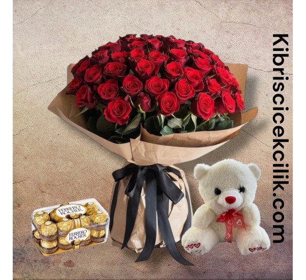 81 Kırmızı Gül Buketi 16'lı Ferrero Çikolata ve Ayıcık 81 Kırmızı Gül Buketi 16'lı Ferrero Çikolata ve Ayıcık