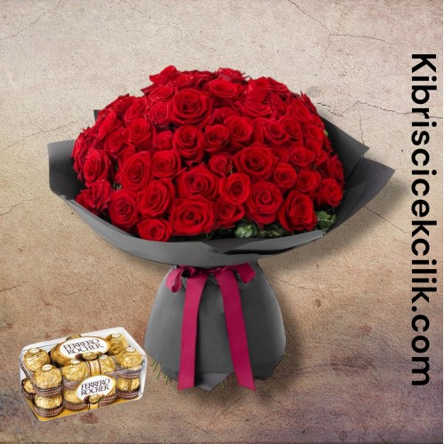 91 Kırmızı Gül Buketi 16'lı Ferrero Çikolata