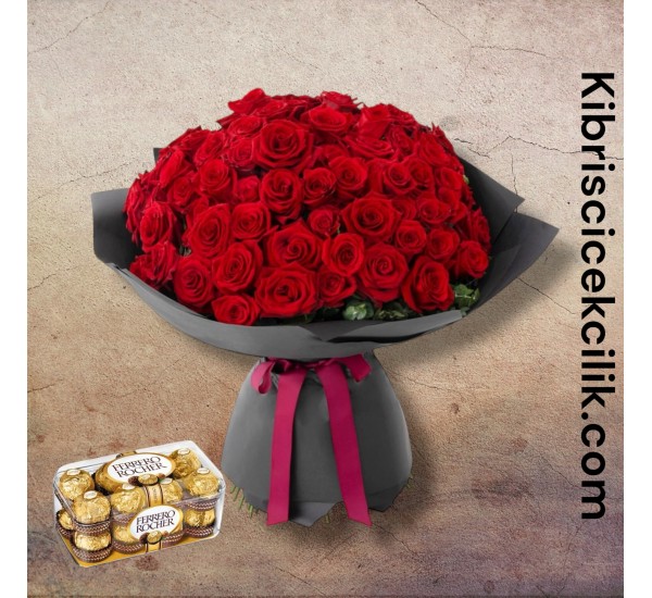 91 Kırmızı Gül Buketi 16'lı Ferrero Çikolata
