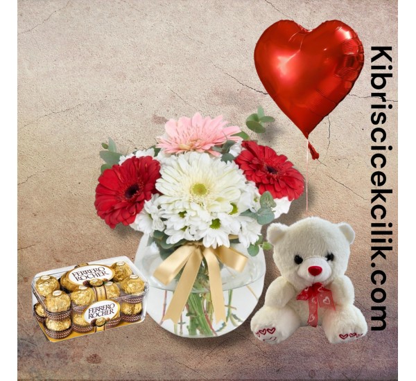 Akvaryumda Karışık Çiçek Ayıcık 16'lı Ferrero Çikolata Kalp Helyum Balon Akvaryumda Karışık Çiçek Ayıcık 16'lı Ferrero Çikolata Kalp Helyum Balon