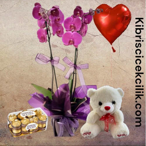 Çift Dal Mor Orkide Ayıcık 16'lı Ferrero Çikolata Kalp Helyum Balon