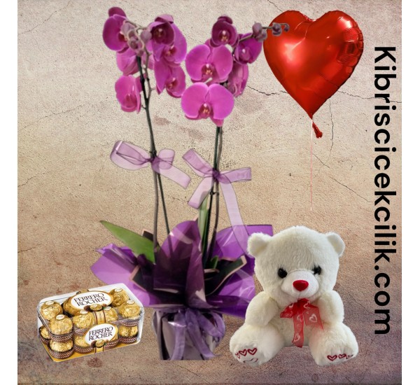 Çift Dal Mor Orkide Ayıcık 16'lı Ferrero Çikolata Kalp Helyum Balon