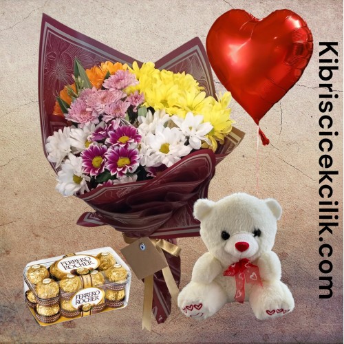 Karışık Mevsim Buketi Ayıcık 16'lı Ferrero Çikolata Kalp Helyum Balon