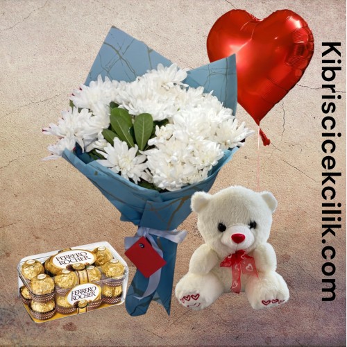 Krizantem Buketi Ayıcık 16'lı Ferrero Çikolata Kalp Helyum Balon