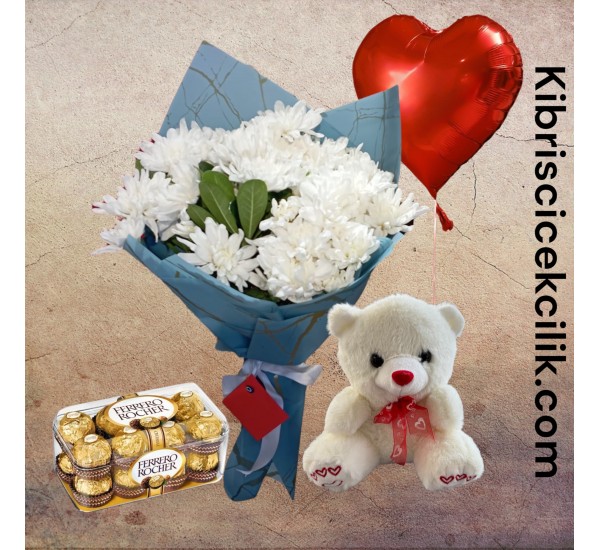 Krizantem Buketi Ayıcık 16'lı Ferrero Çikolata Kalp Helyum Balon