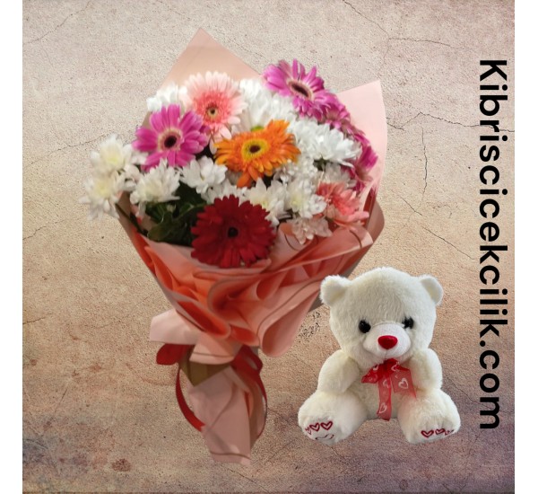 Krizantem Gerbera Buketi Ayıcık 